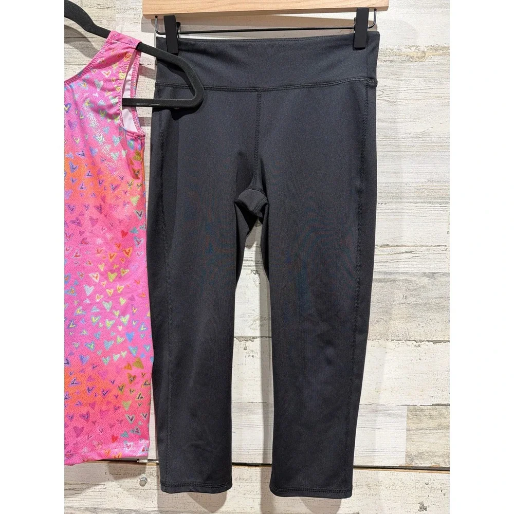 Old Navy Boutique Activewear Girls 14/16 Black Pink Heart Dance Leggings EUC